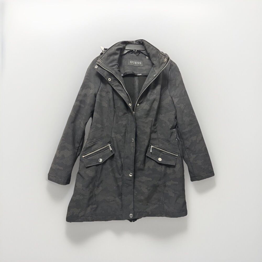 GUESS Women’s Hooded Coat Zip Front Black Pattern Size XL - Picture 12 of 13